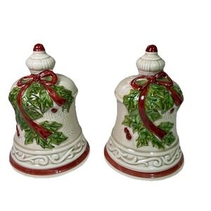 Marks & Rosenfeld Ivy Leaf Red Bow Christmas Large Salt & Pepper Shaker Set‎ VTG